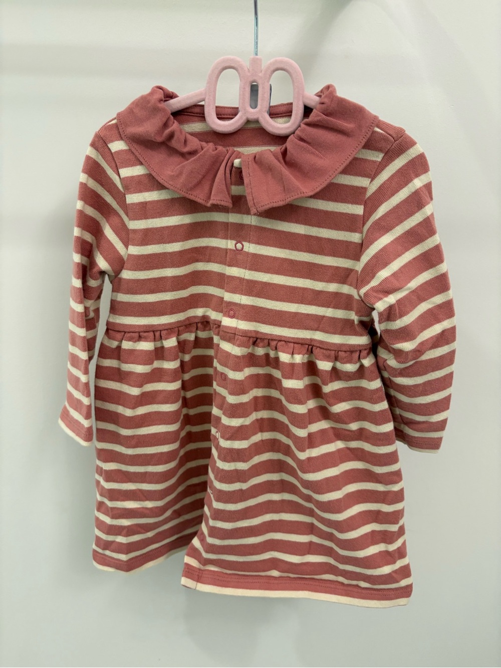 Petit Bateau Pink and Cream Striped Ruffle-Collar Dress
